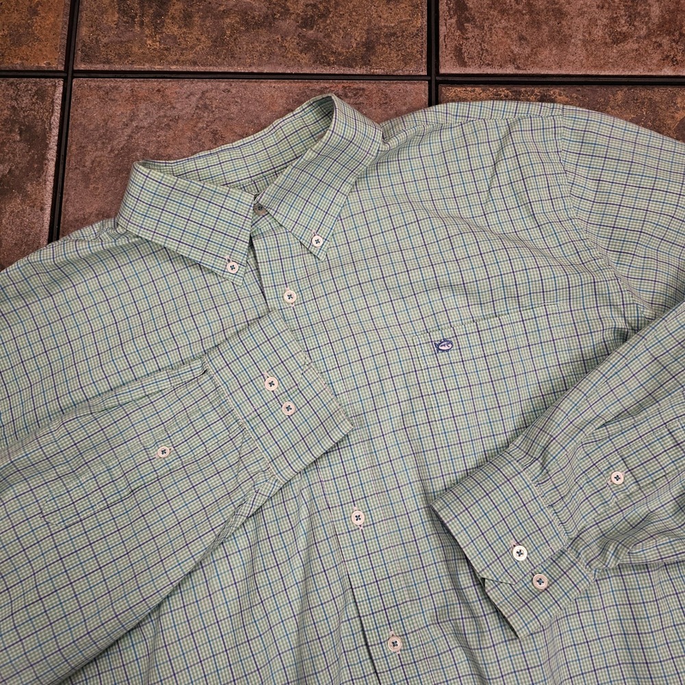 Southern Tide Mens XXL Green Blue Plaid Stretch Cotton Button Down Shirt Logo